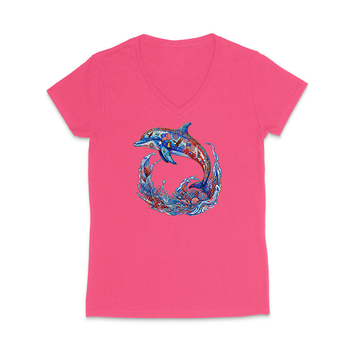 Pink t-shirt with a colorful dolphin design on a white background