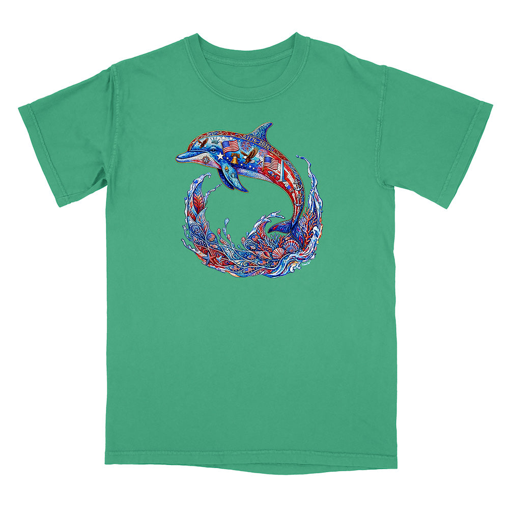 Green t-shirt with a colorful dolphin design on a white background