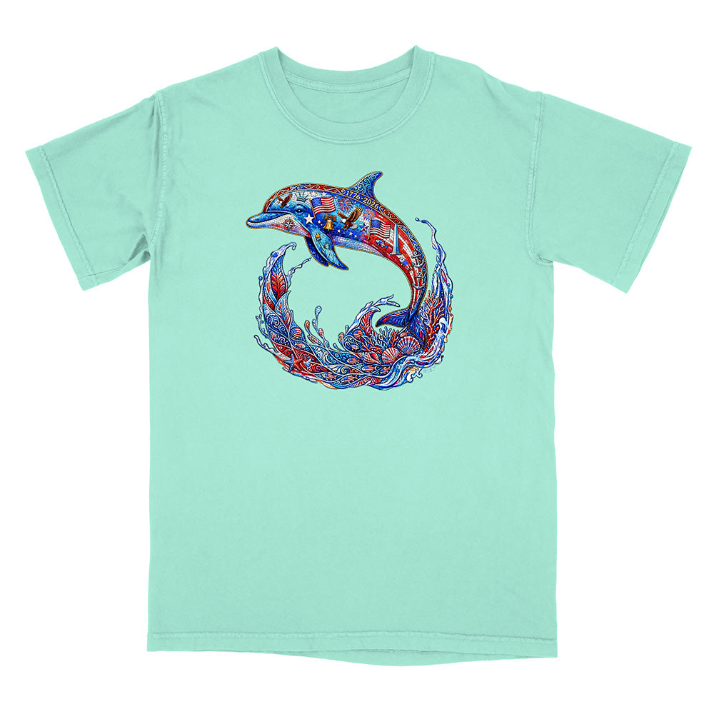 Mint green t-shirt with a colorful dolphin design on a white background