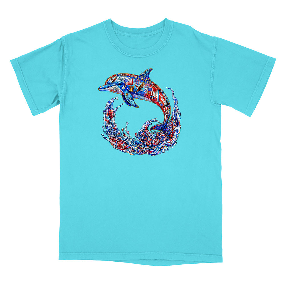 Turquoise t-shirt with a colorful dolphin graphic on a white background
