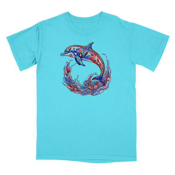 Turquoise t-shirt with a colorful dolphin graphic on a white background