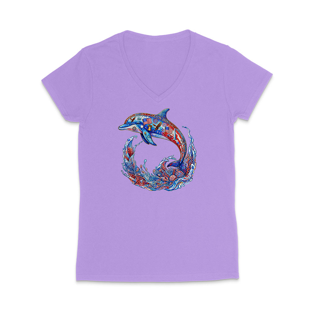 Purple t-shirt with a colorful dolphin design on a white background