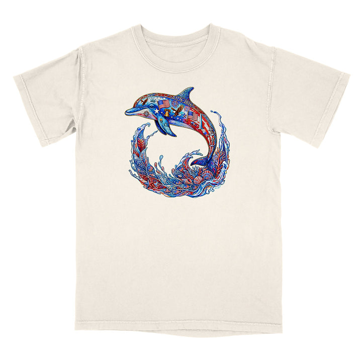 Beige t-shirt with a colorful dolphin design on a white background