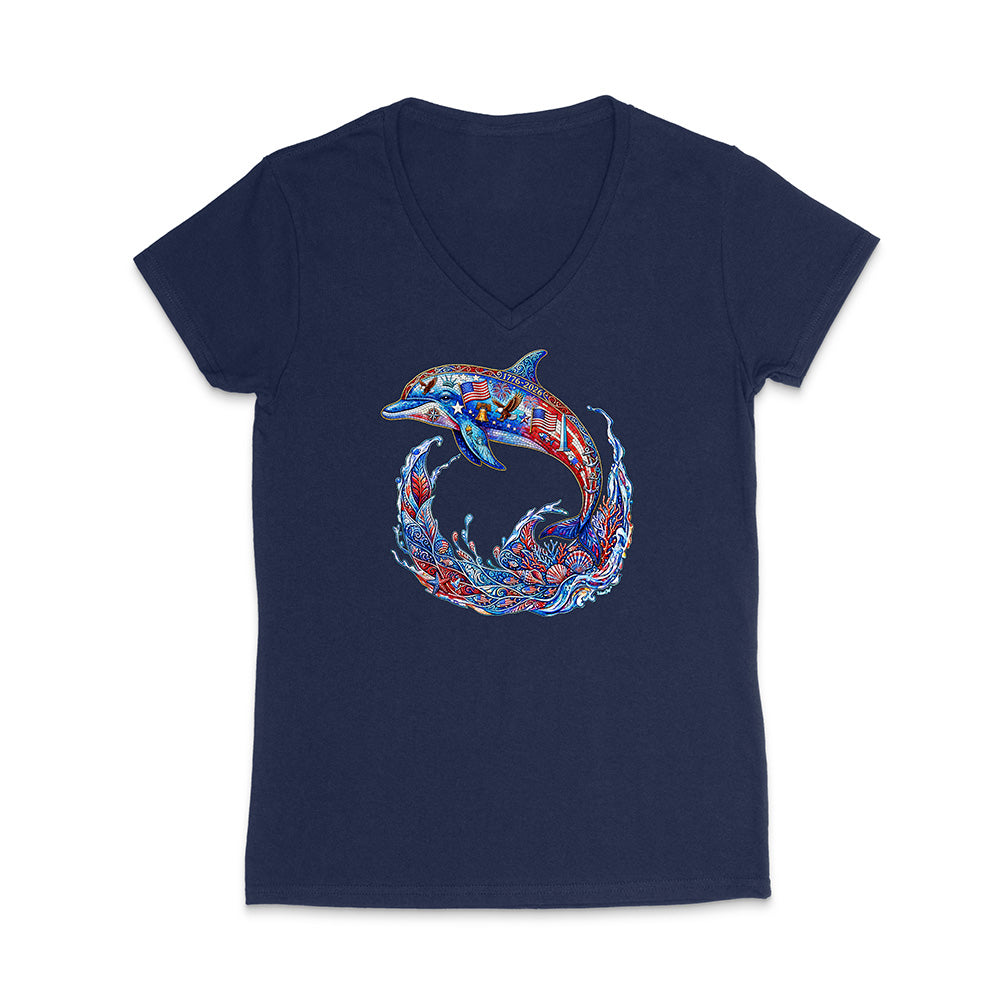 Navy blue t-shirt with a colorful dolphin design on a white background