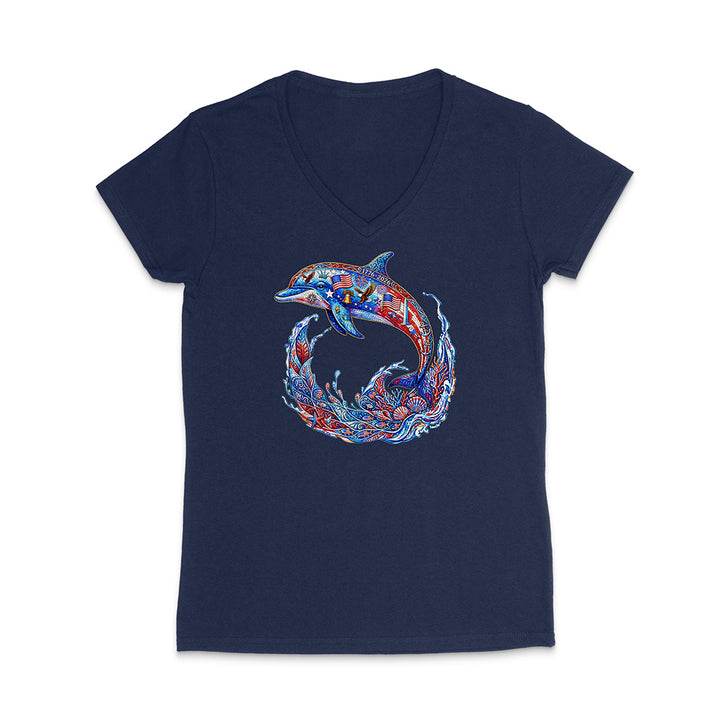 Navy blue t-shirt with a colorful dolphin design on a white background