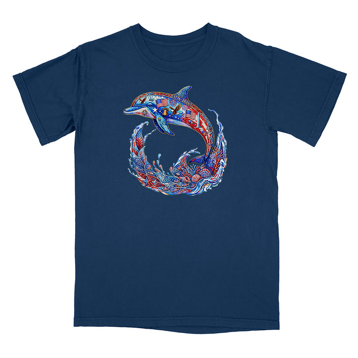 Navy blue t-shirt with a colorful dolphin graphic on a white background