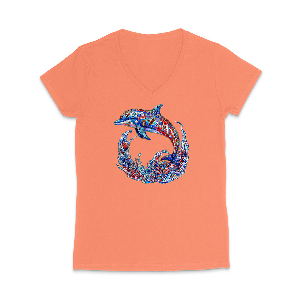 Coral t-shirt with a colorful dolphin design on a white background