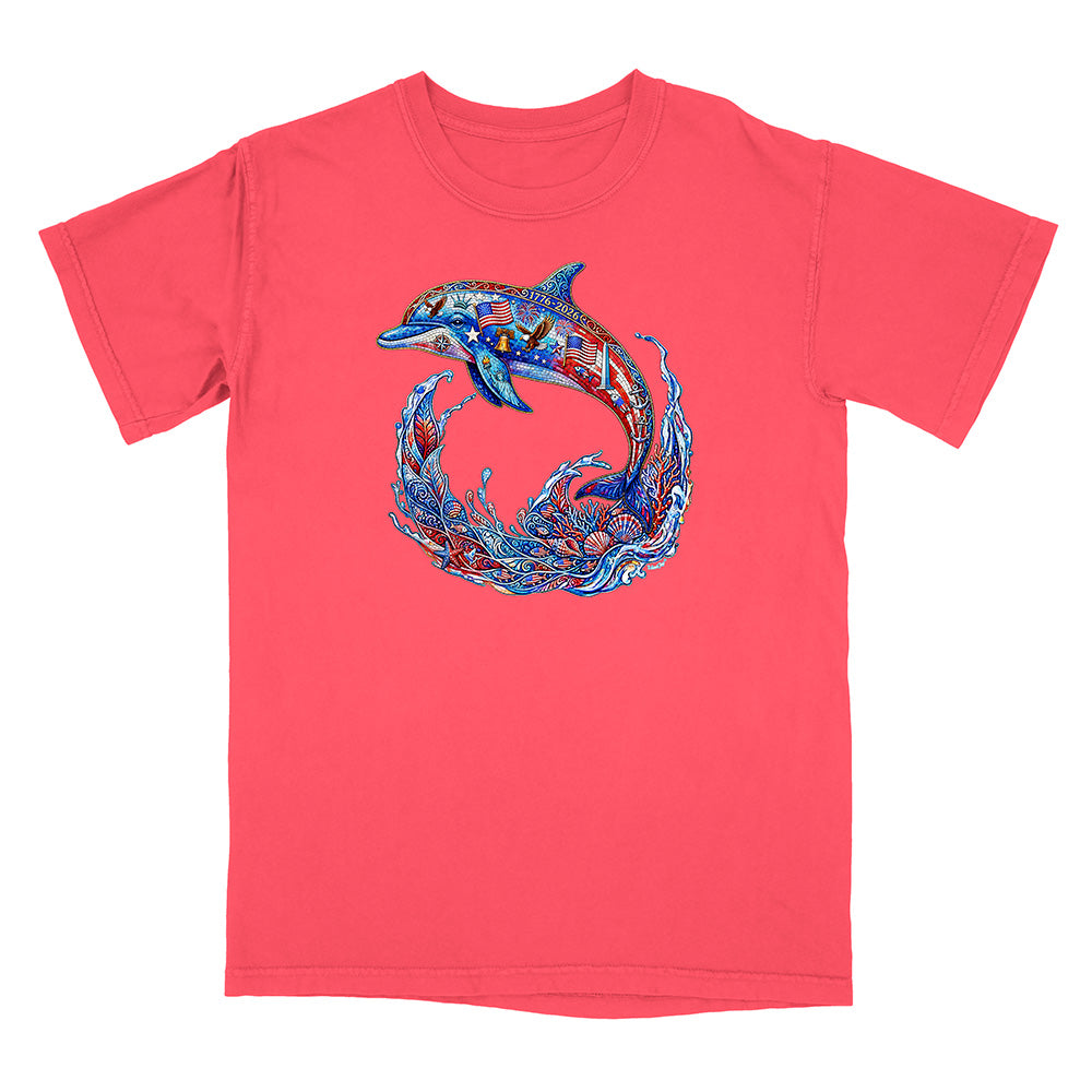 Red t-shirt with a colorful dolphin design on a white background