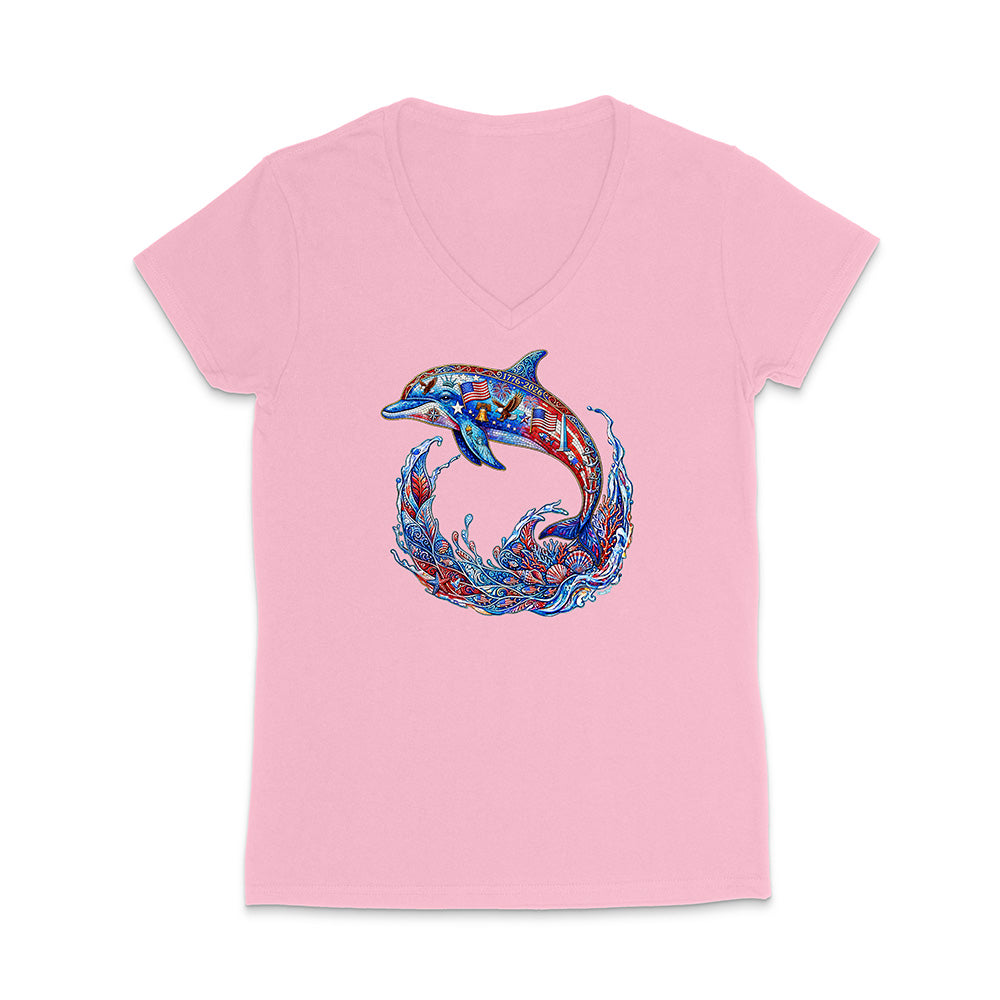 Pink t-shirt with a colorful dolphin design on a white background