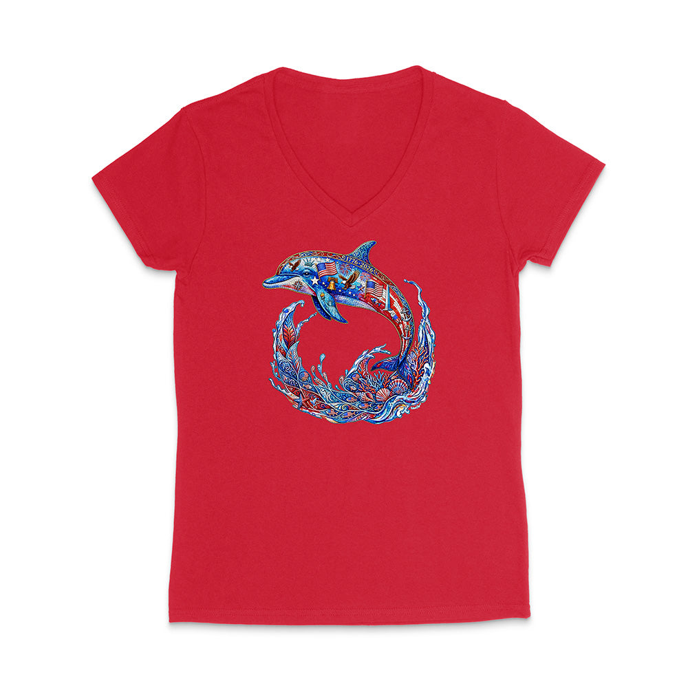 Red V-neck t-shirt with a colorful dolphin design on a white background