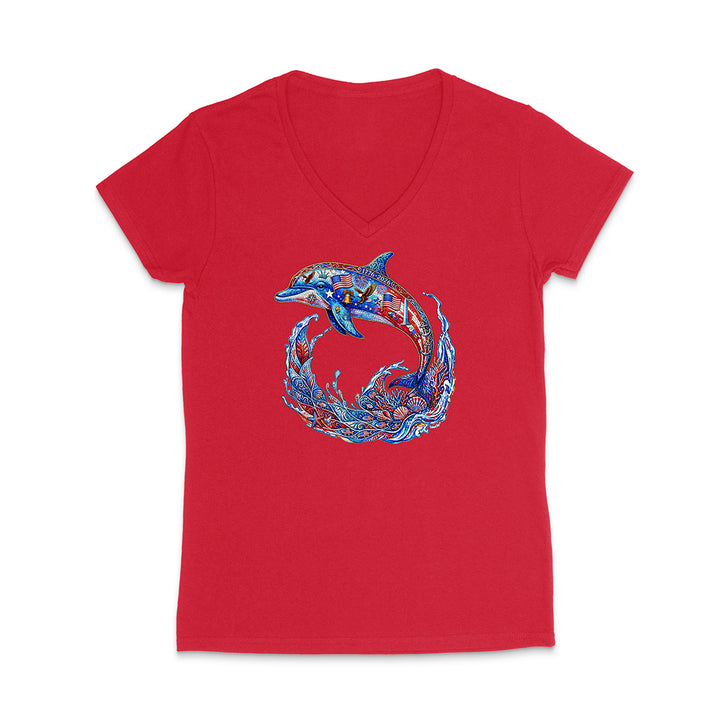 Red V-neck t-shirt with a colorful dolphin design on a white background