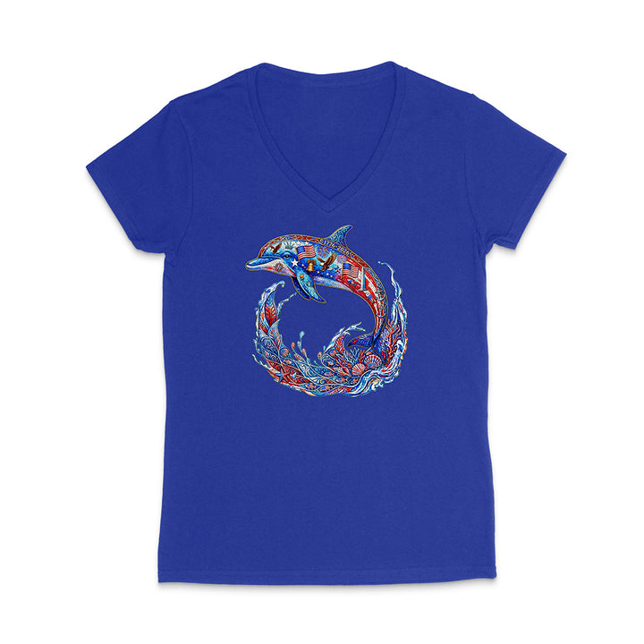 Blue t-shirt with a colorful dolphin design on a white background