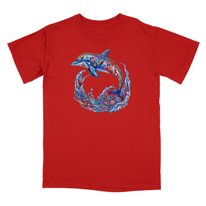 Red t-shirt with a colorful dolphin graphic on a white background