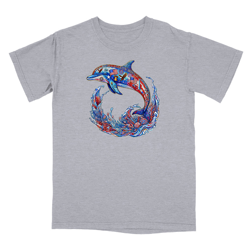 Gray t-shirt with a colorful dolphin design on a white background