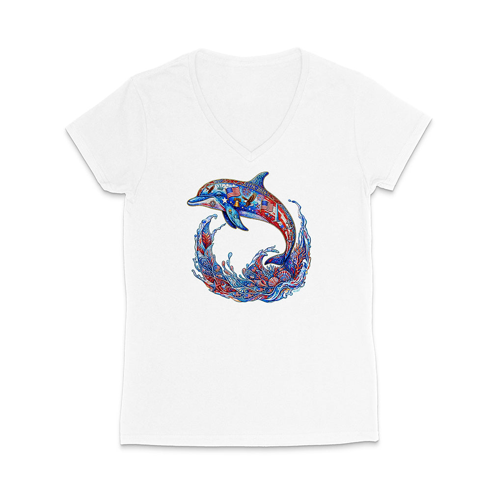 White t-shirt with a colorful dolphin design on a white background