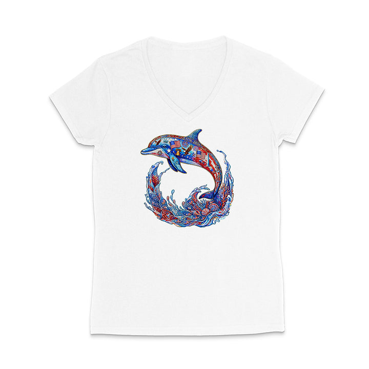 White t-shirt with a colorful dolphin design on a white background