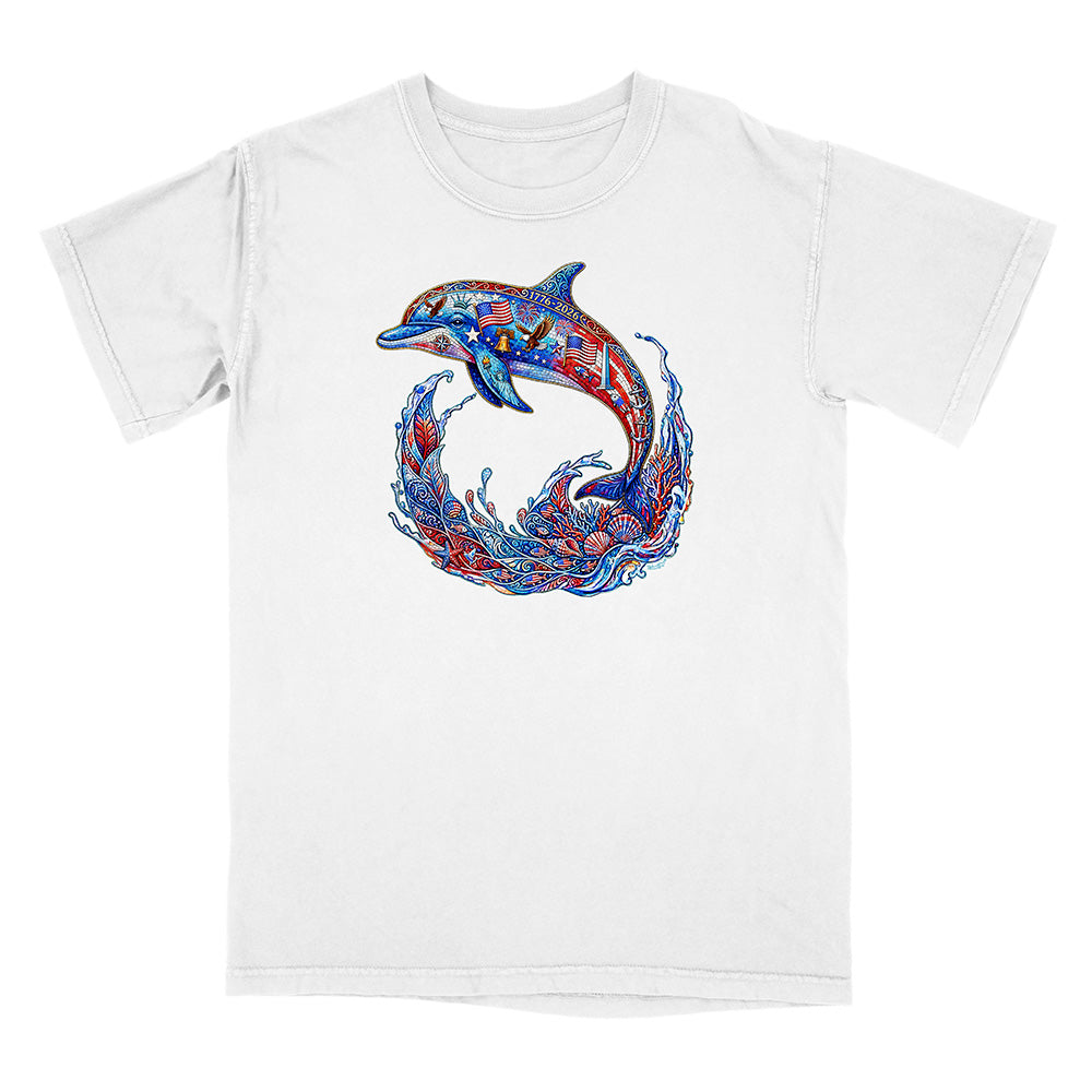 White t-shirt with a colorful dolphin graphic on a white background