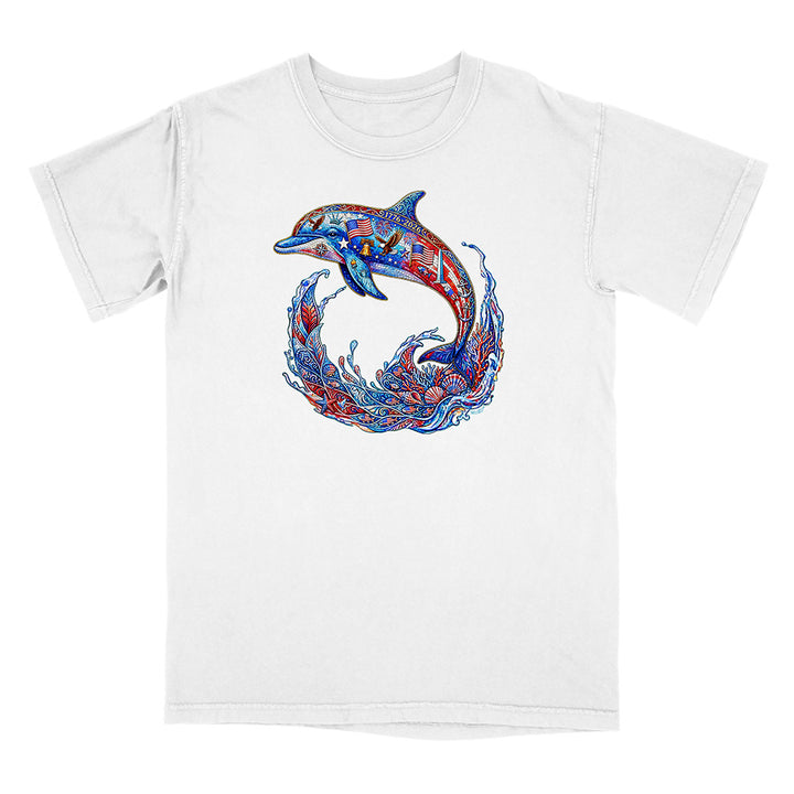 White t-shirt with a colorful dolphin graphic on a white background