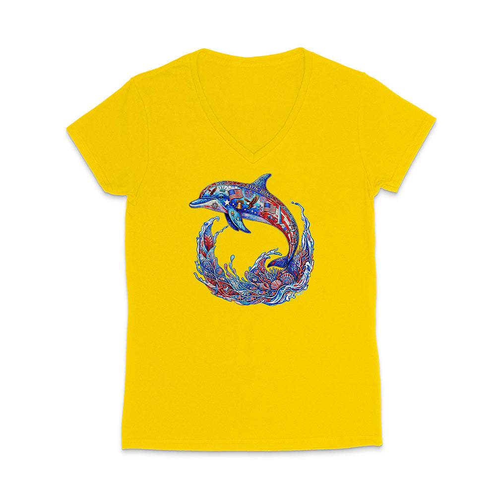 Yellow t-shirt with a colorful dolphin design on a white background