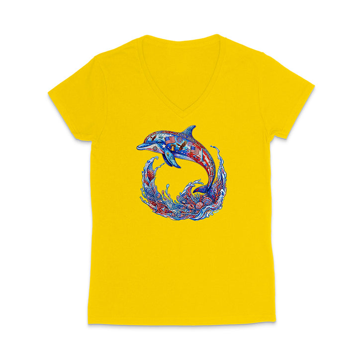 Yellow t-shirt with a colorful dolphin design on a white background