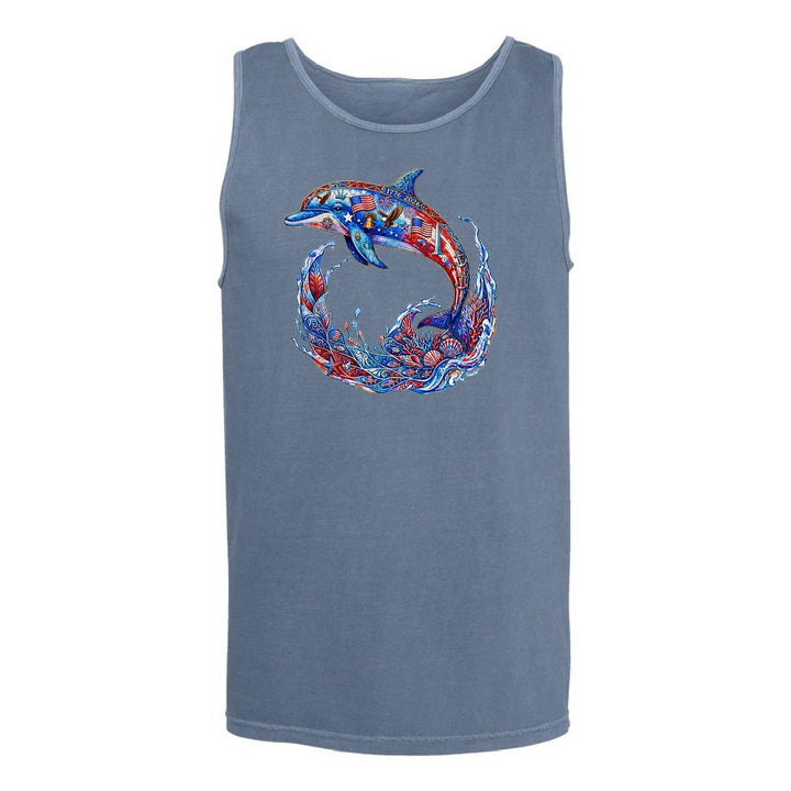 Blue tank top with a colorful dolphin design on a white background