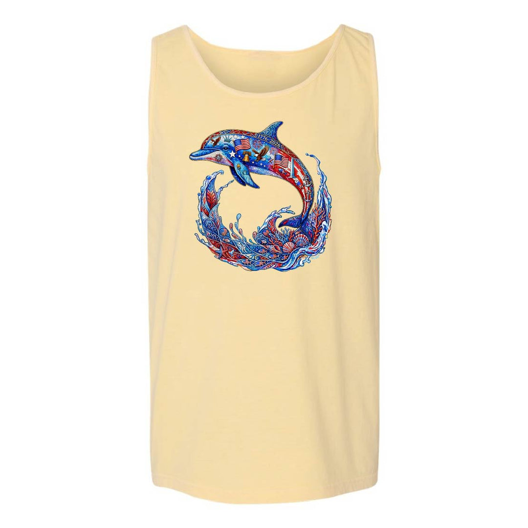 Beige tank top with a colorful dolphin design on a white background