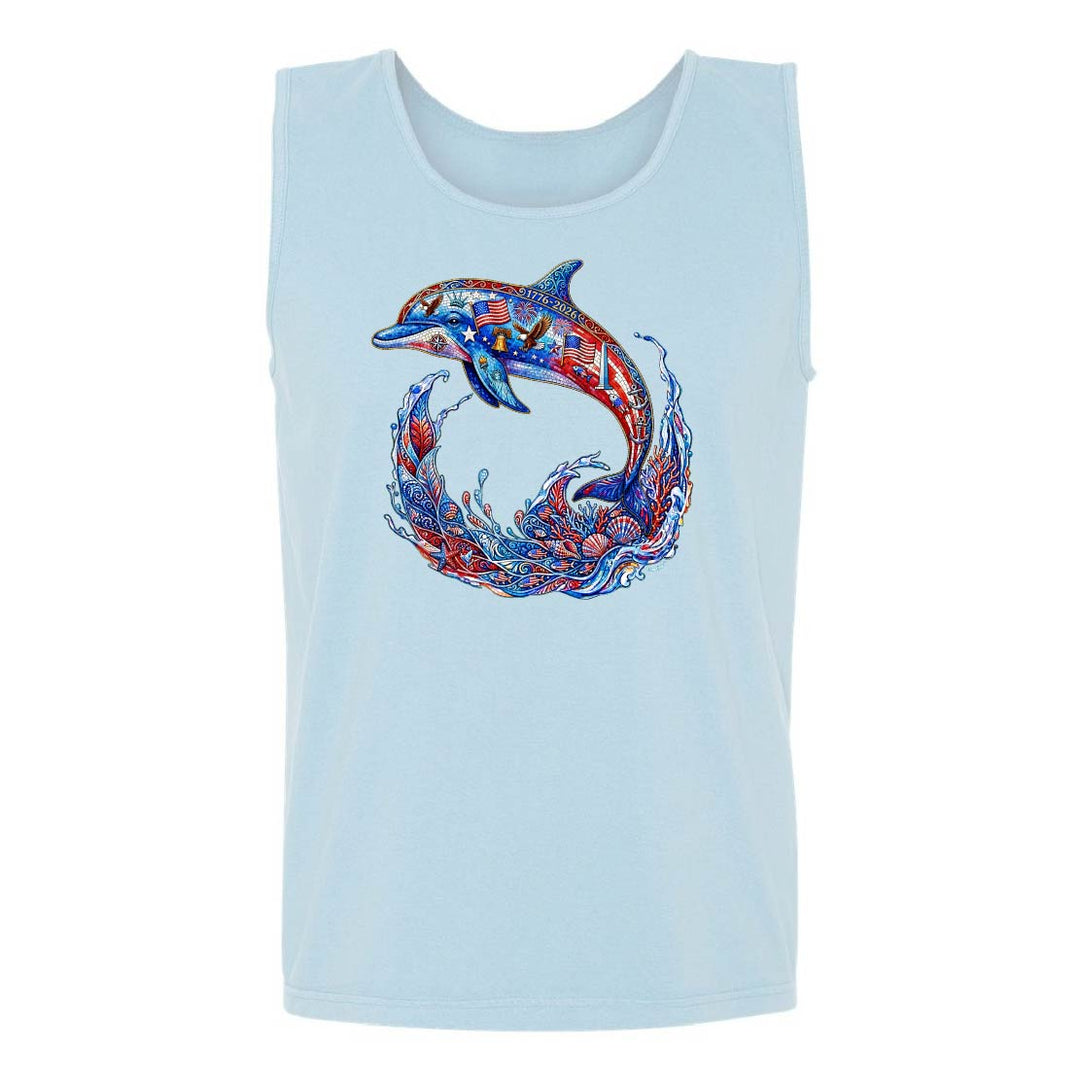 Light blue tank top with a colorful dolphin design on a white background