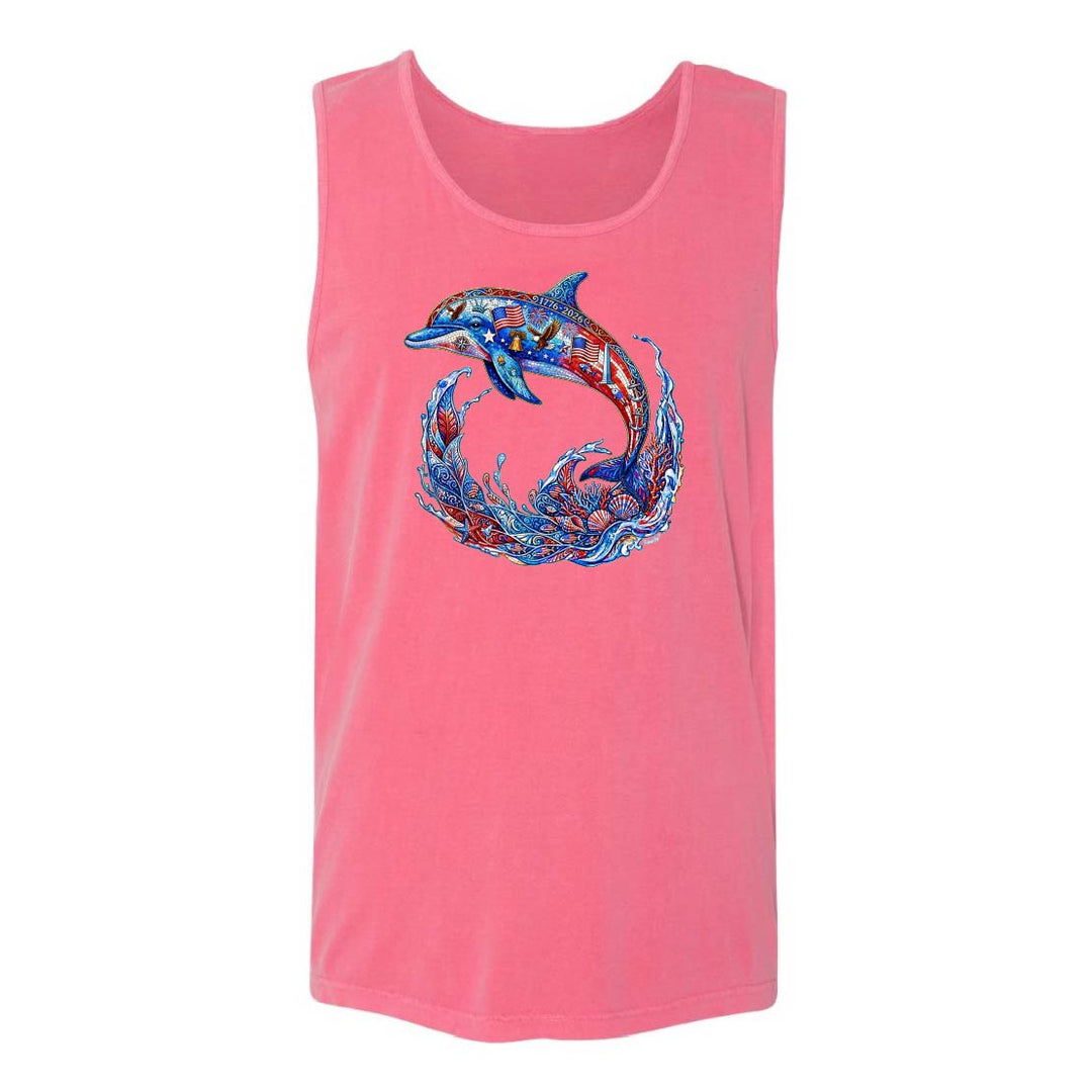 Pink tank top with a colorful dolphin design on a white background