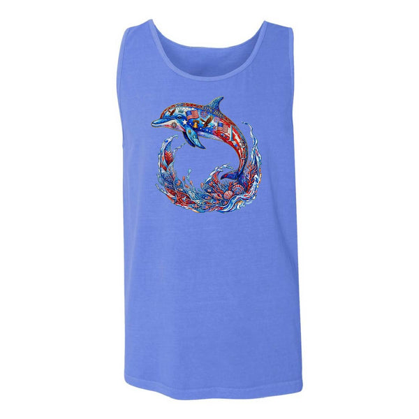 Blue tank top with a colorful dolphin design on a white background