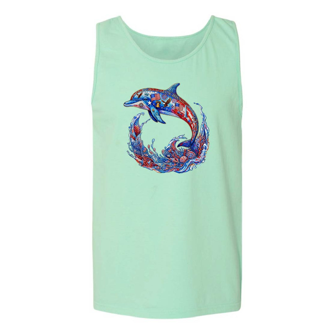 Mint green tank top with a colorful dolphin design on a white background