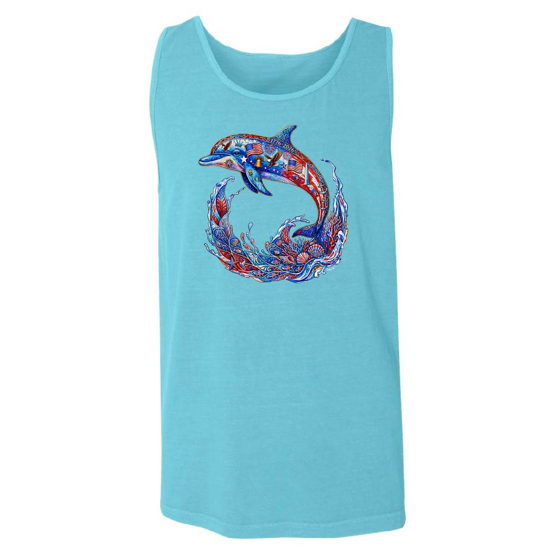 Light blue tank top with a colorful dolphin design on a white background