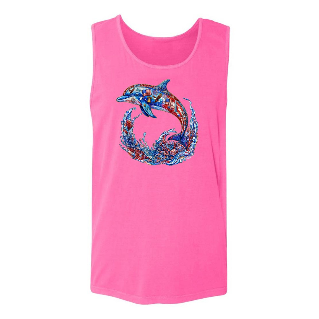 Pink tank top with a colorful dolphin design on a white background