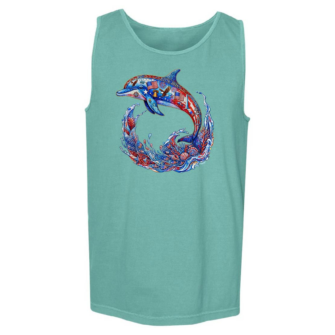 Teal tank top with a colorful dolphin design on a white background