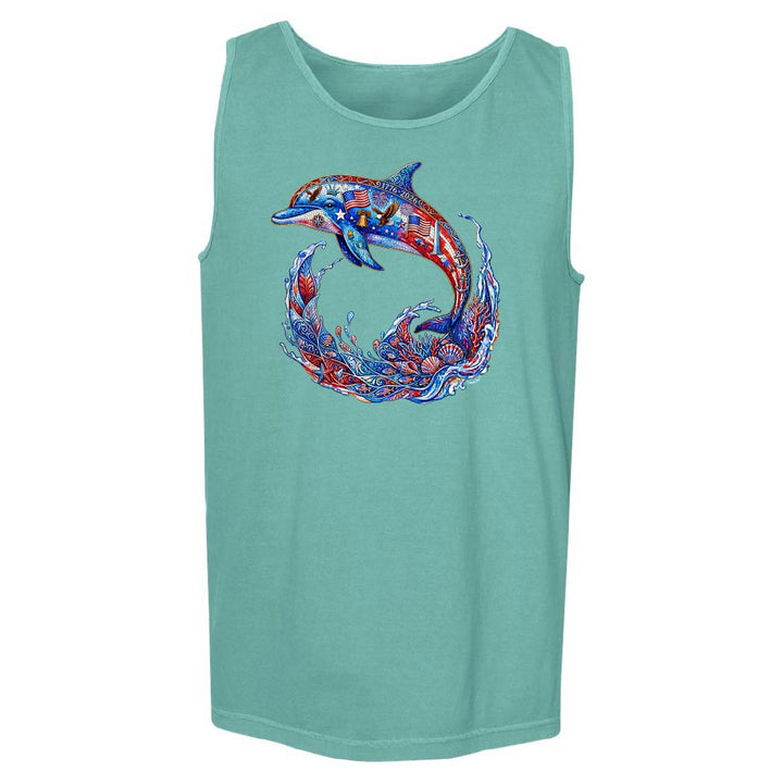 Teal tank top with a colorful dolphin design on a white background