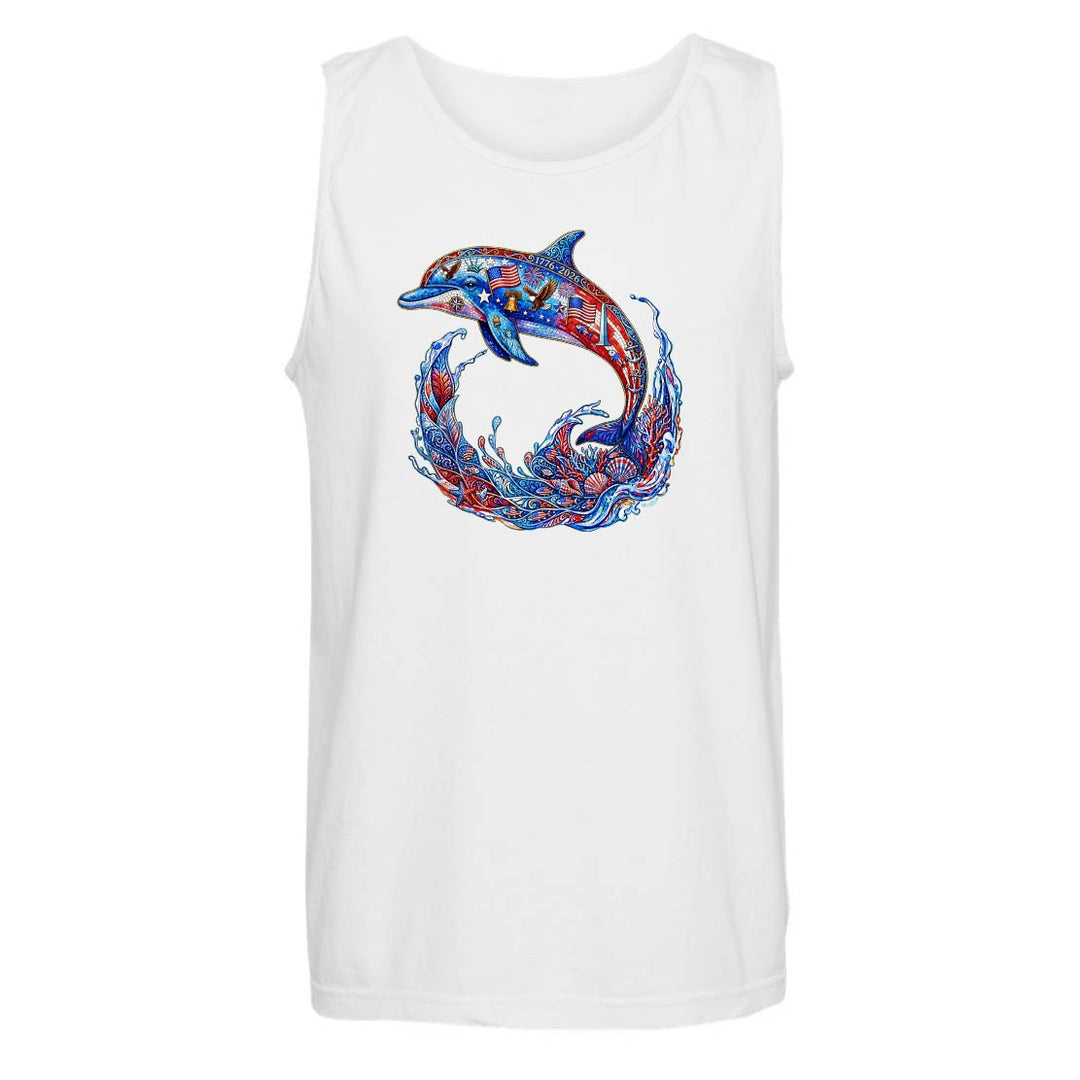 White tank top with a colorful dolphin design on a white background