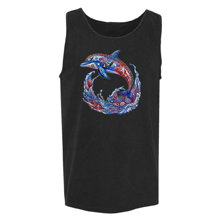 Black tank top with a colorful dolphin design on a white background