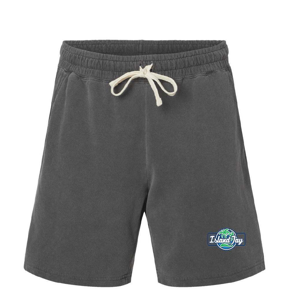 Gray shorts with a drawstring and Island Jay logo on a white background