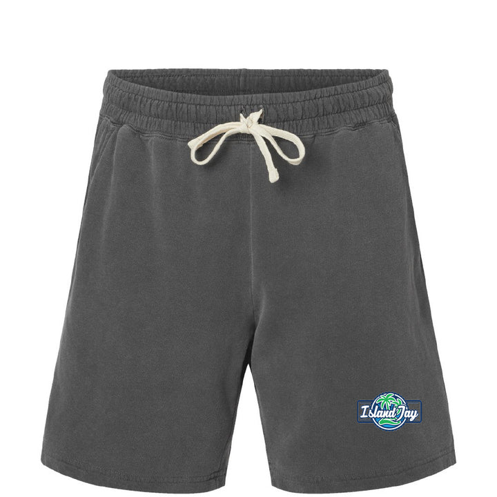 Gray shorts with a drawstring and Island Jay logo on a white background
