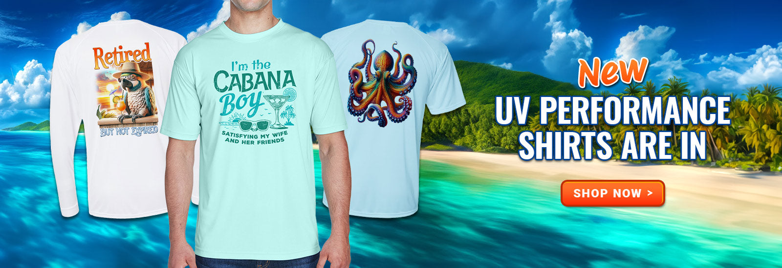 New UV Performance tees featuring tropical, boating, and popular beach designs by Island Jay. Protect yourself from the suns UV rays. 