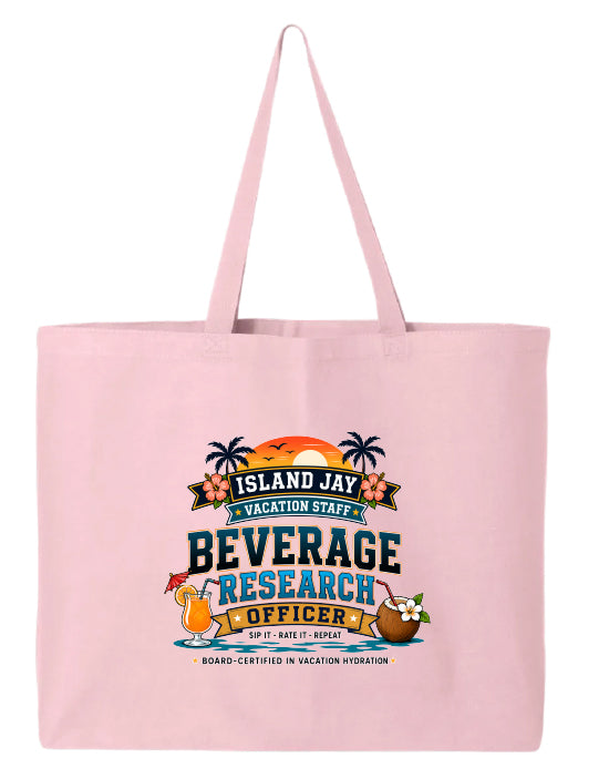 A light pink canvas tote bag with a colorful graphic print on the front. The graphic features a tropical theme with palm trees, a sunset, and text that reads 'ISLAND JAY VACATION STAFF BEVERAGE RESEARCH LOFFICER' along with illustrations of a cocktail and a coconut.