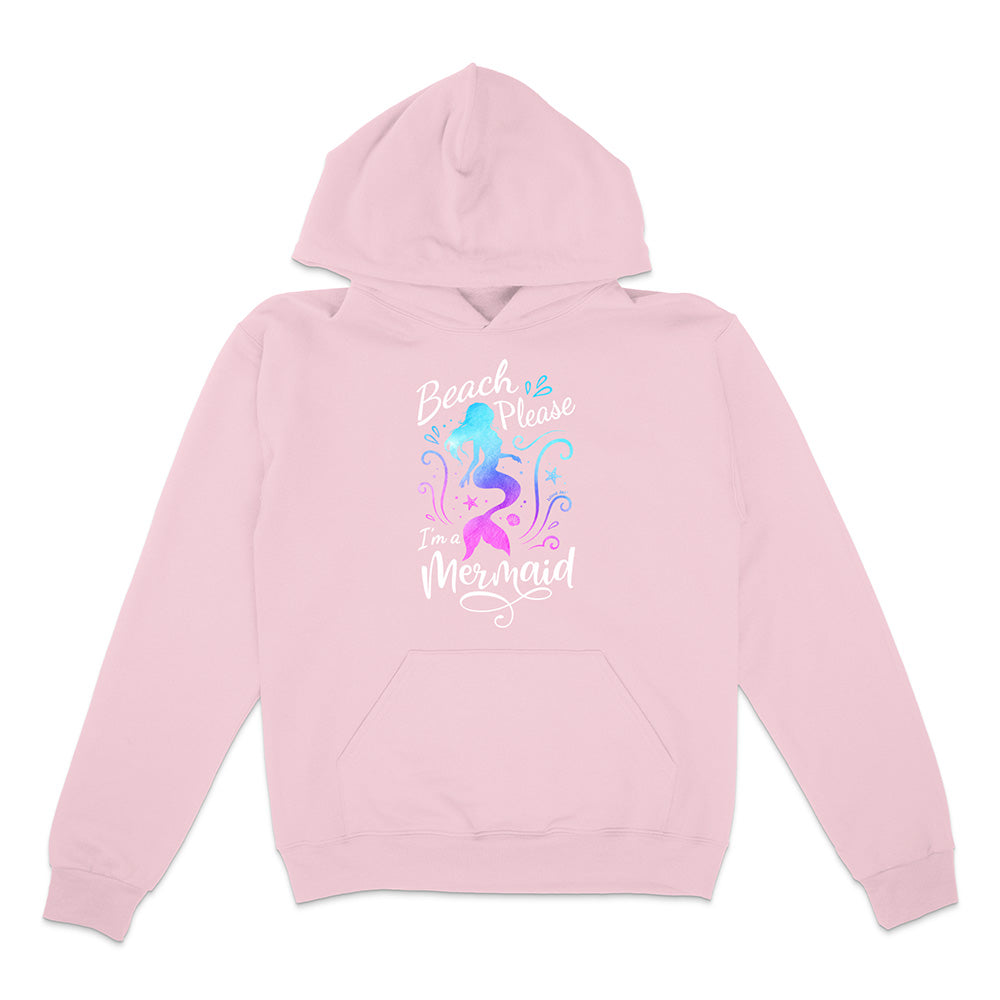 Pink hoodie with mermaid design and text on a white background