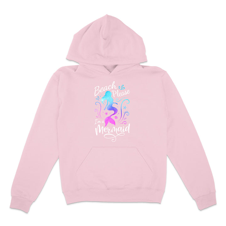 Pink hoodie with mermaid design and text on a white background