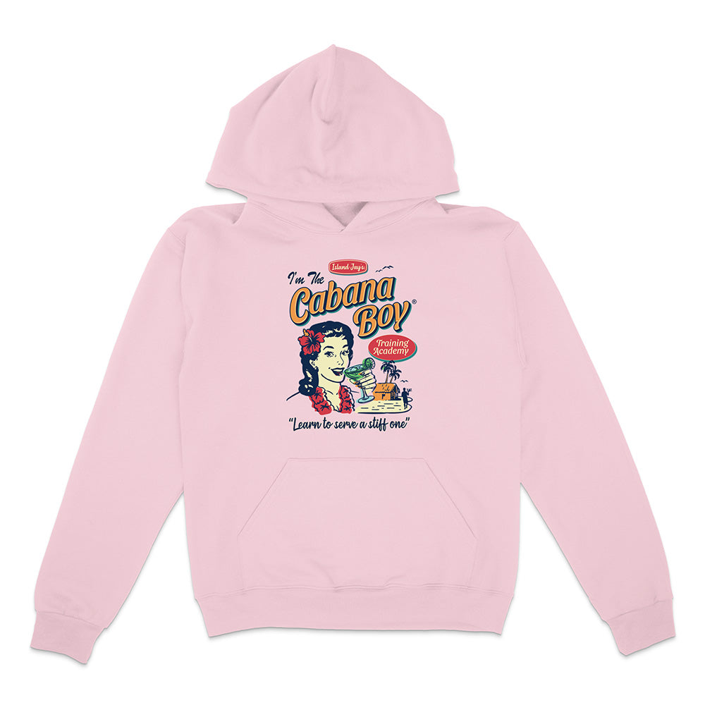 Pink hoodie with vintage beach graphic and text reading "I'm The Cabana Boy Training Academy - Learn to serve a stiff one" on a white background.