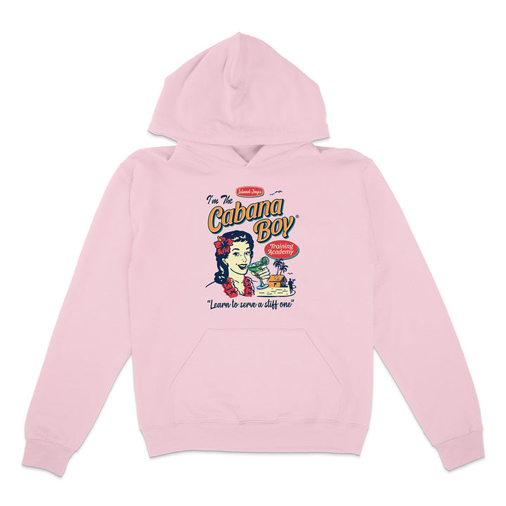 Pink hoodie with vintage beach graphic and text reading "I'm The Cabana Boy Training Academy - Learn to serve a stiff one" on a white background.