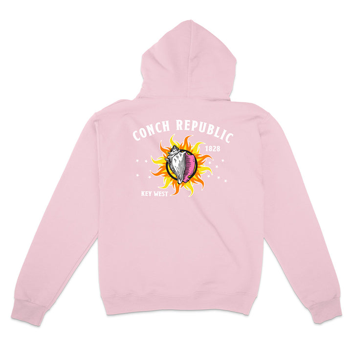 Pink Hoodie with Key West Flag Graphic text reading "Conch Republic Key West 1828" on a white background.