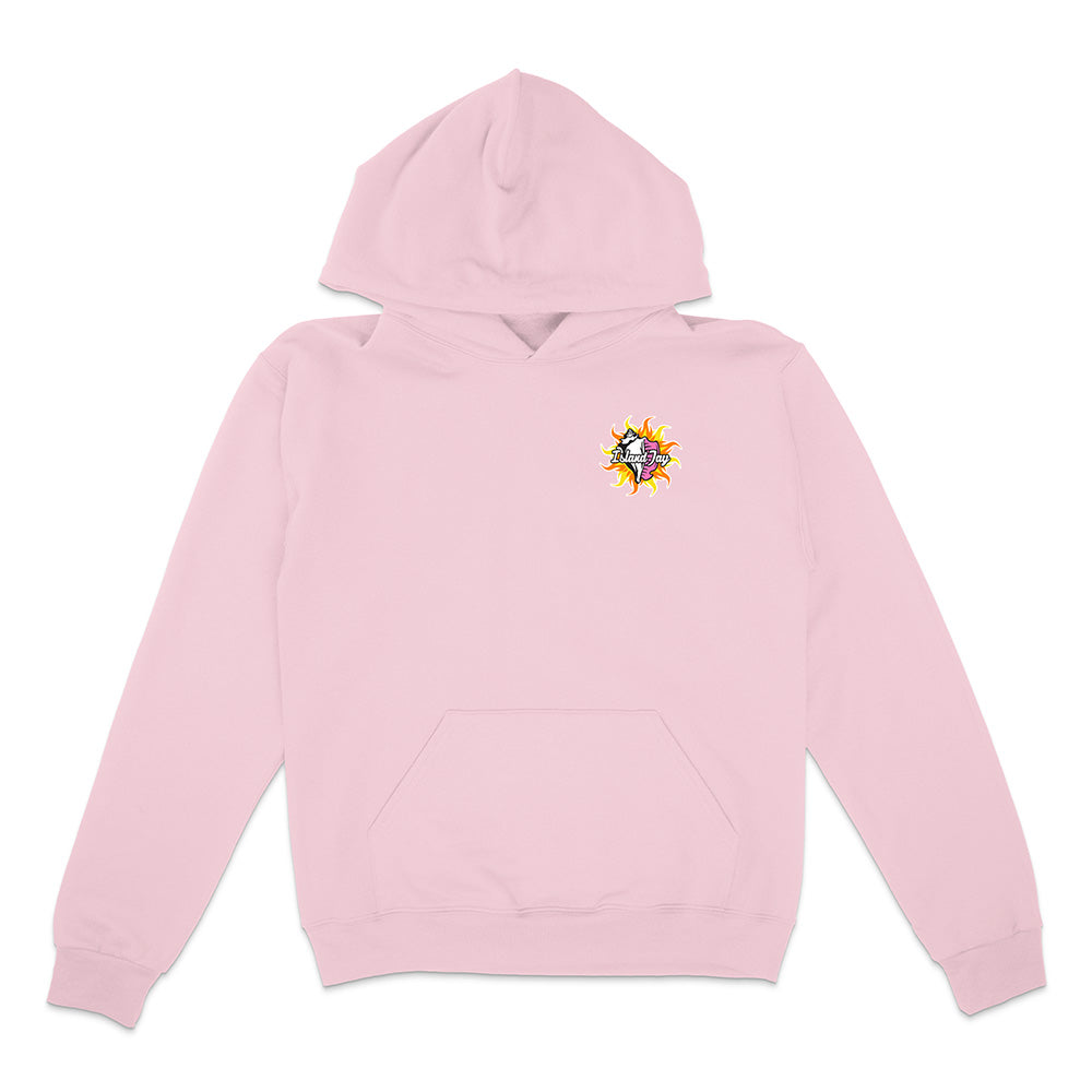 Pink Hoodie with colorful conch on the chest on a white background.