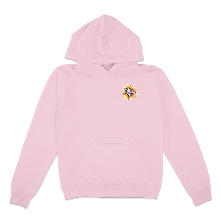 Pink Hoodie with colorful conch on the chest on a white background.