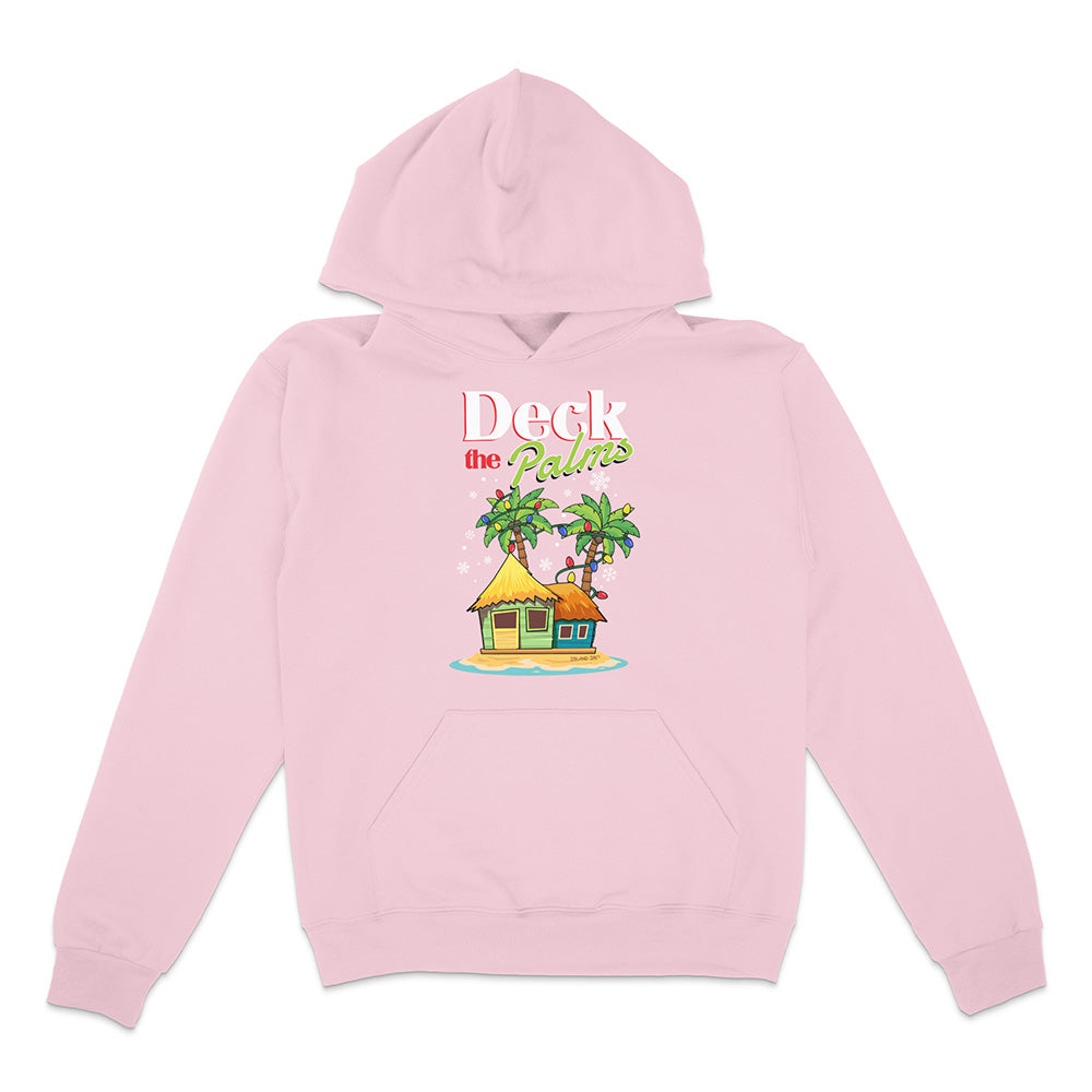 Pink Hoodie with a tropical hut and palm tree design with graphic text reading "Deck The Palms" on a white background.