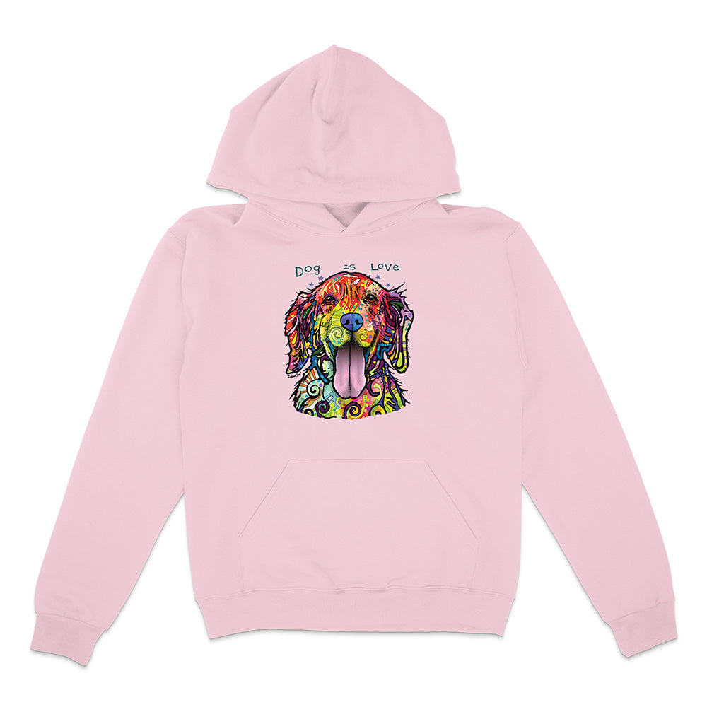 Pink hoodie with a colorful dog design and 'Dog is Love' text on a white background