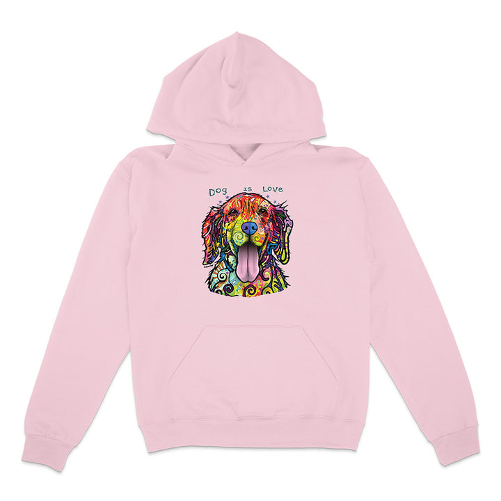 Pink hoodie with a colorful dog design and 'Dog is Love' text on a white background